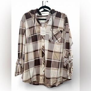 No Comment plus size 2X Brown and Cream Plaid Button-Up Shirt